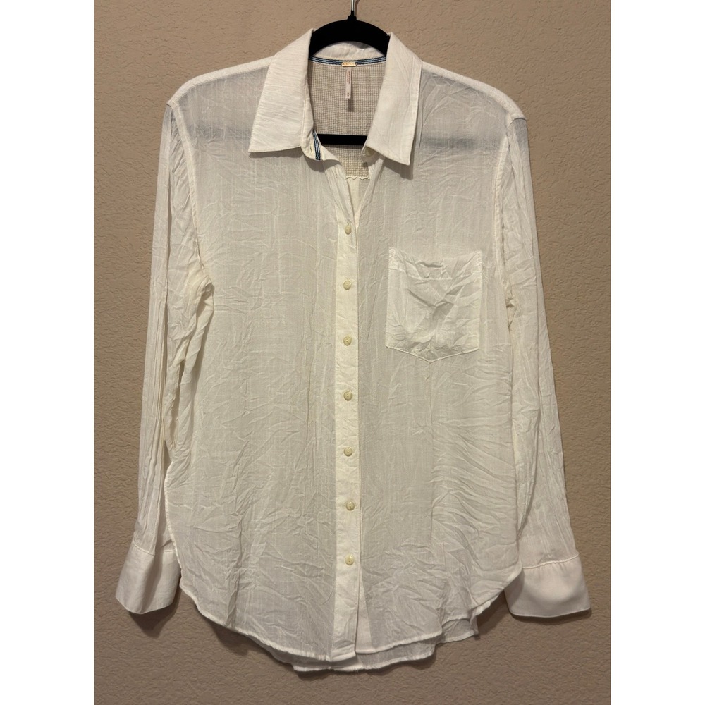 Free People White Crinkle Texture Button Down Long Sleeve Shirt Medium